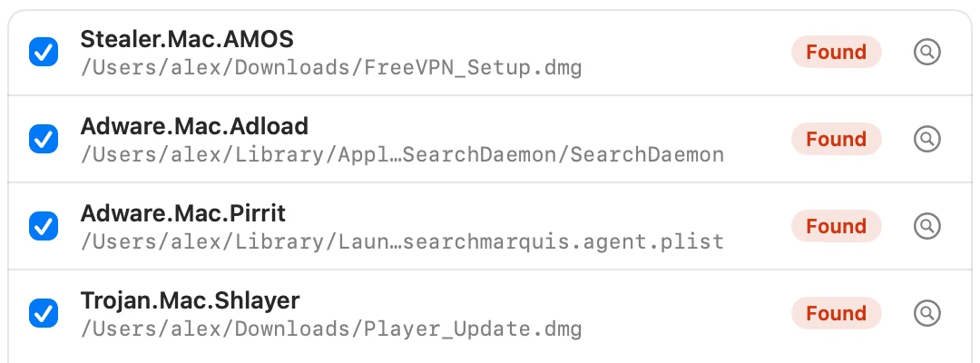 Detected threats such as Stealer.Mac.AMOS, Adware.Mac.Adload and Trojan.Mac.Shlayer with their file paths