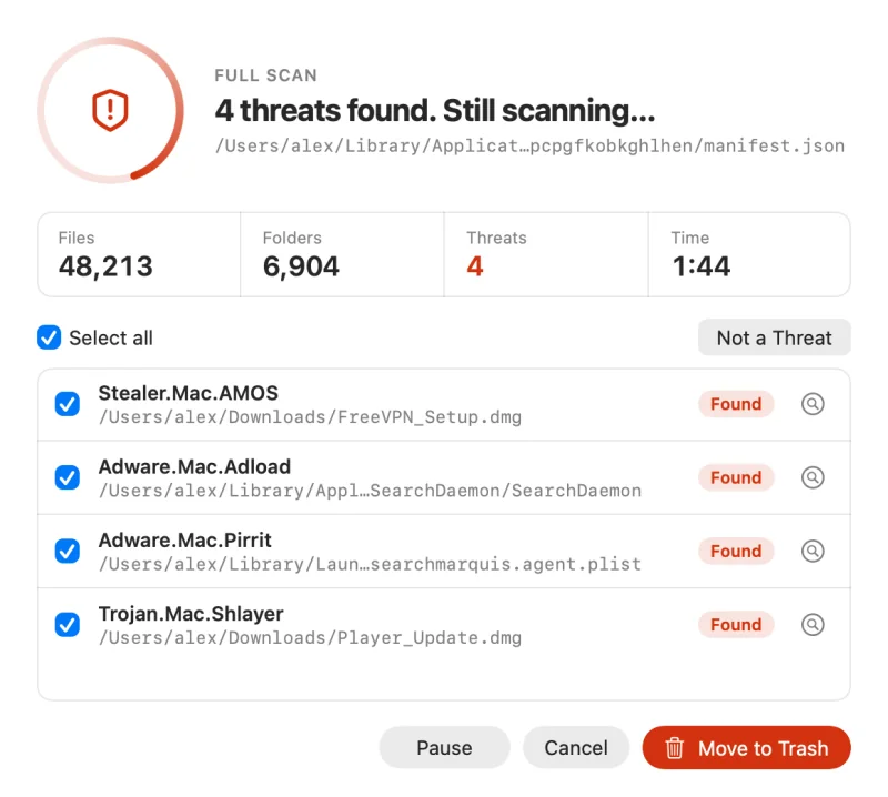 A scan in progress, showing the file being checked and the number of files scanned